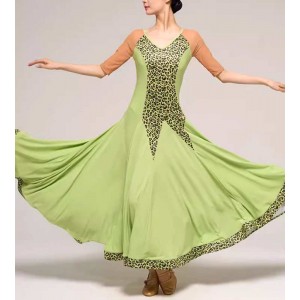 Women girls green leopard ballroom dance dresses waltz tango foxtrot smooth dance long gown for female